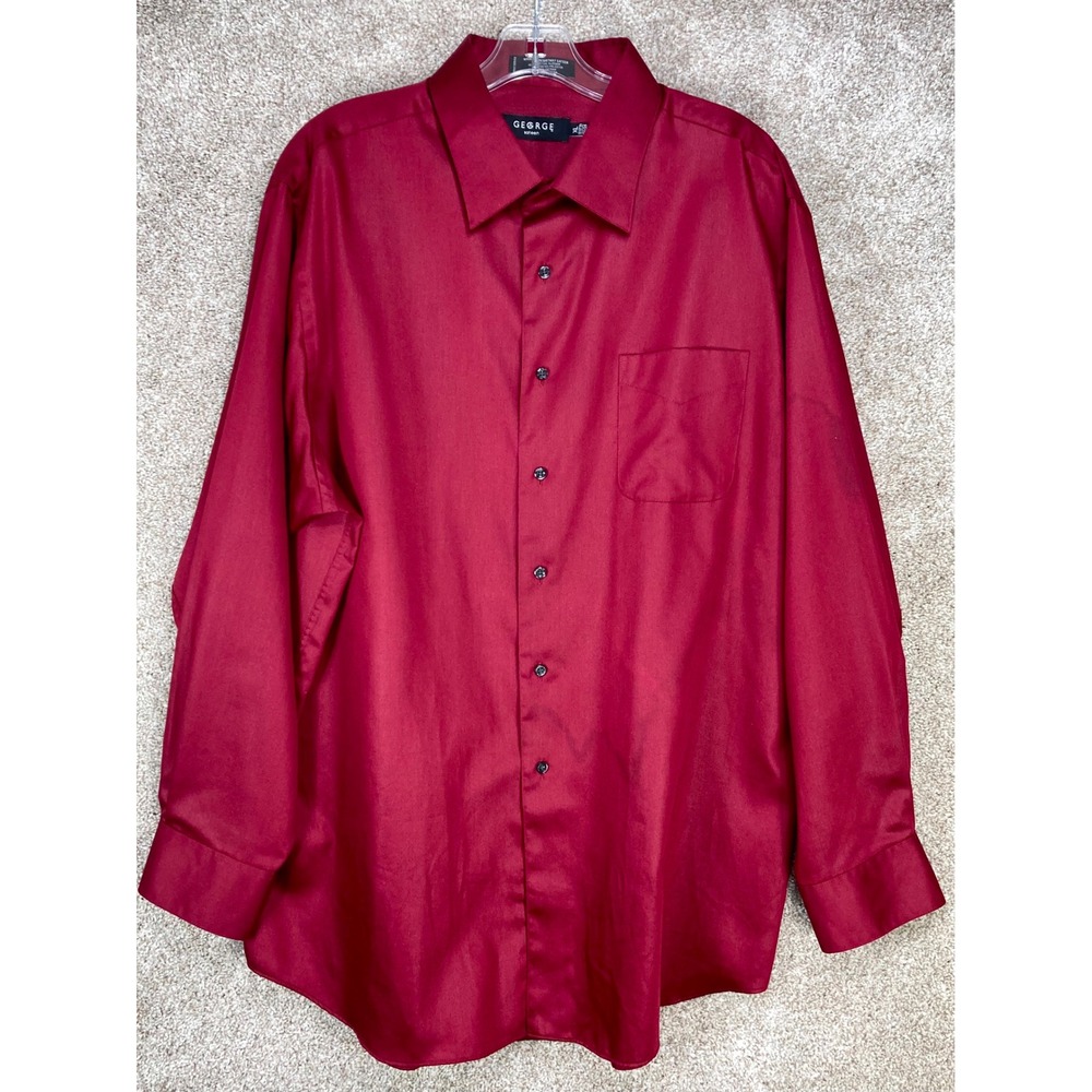 George Wrinkle Resistant Sateen Dress Shirt Mens XL Burgundy Long Sleeve Office